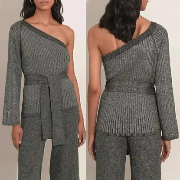 NWT Eleven Six Nova One-Shoulder Alpaca Blend Sweater in Graphite Grey Melange - Picture 1 of 6